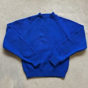 Vintage Handknit Wool Royal Blue Mock Neck Raglan Sweater Small